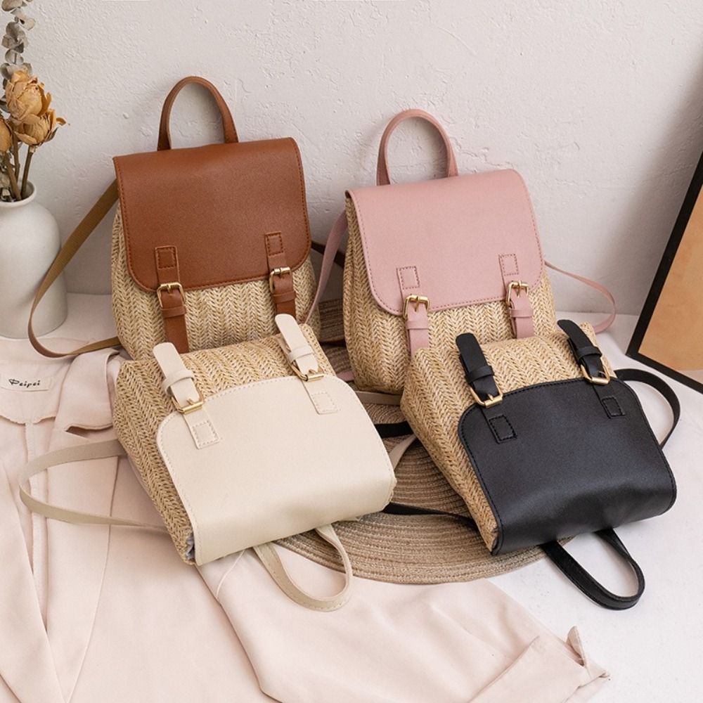 Fashion PU Leather Straw Backp - Leather Backpack Vintage 评论和价格